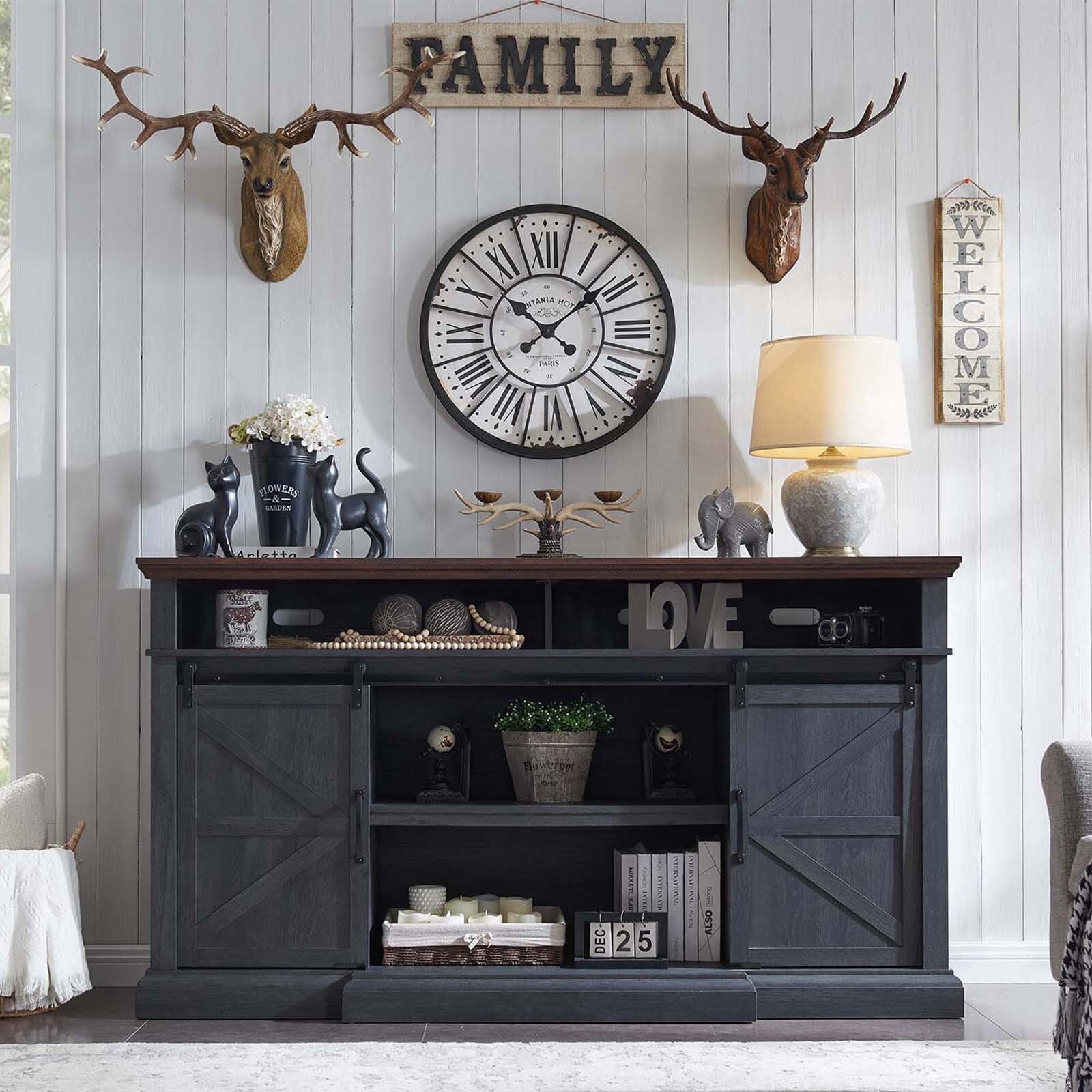 SinCiDo 37" Tall Entertainment Center, Farmhouse TV Stand for 80 Inch TVs w/Double Sliding Barn Door, Media Console Cabinet and Adjustable Shelves