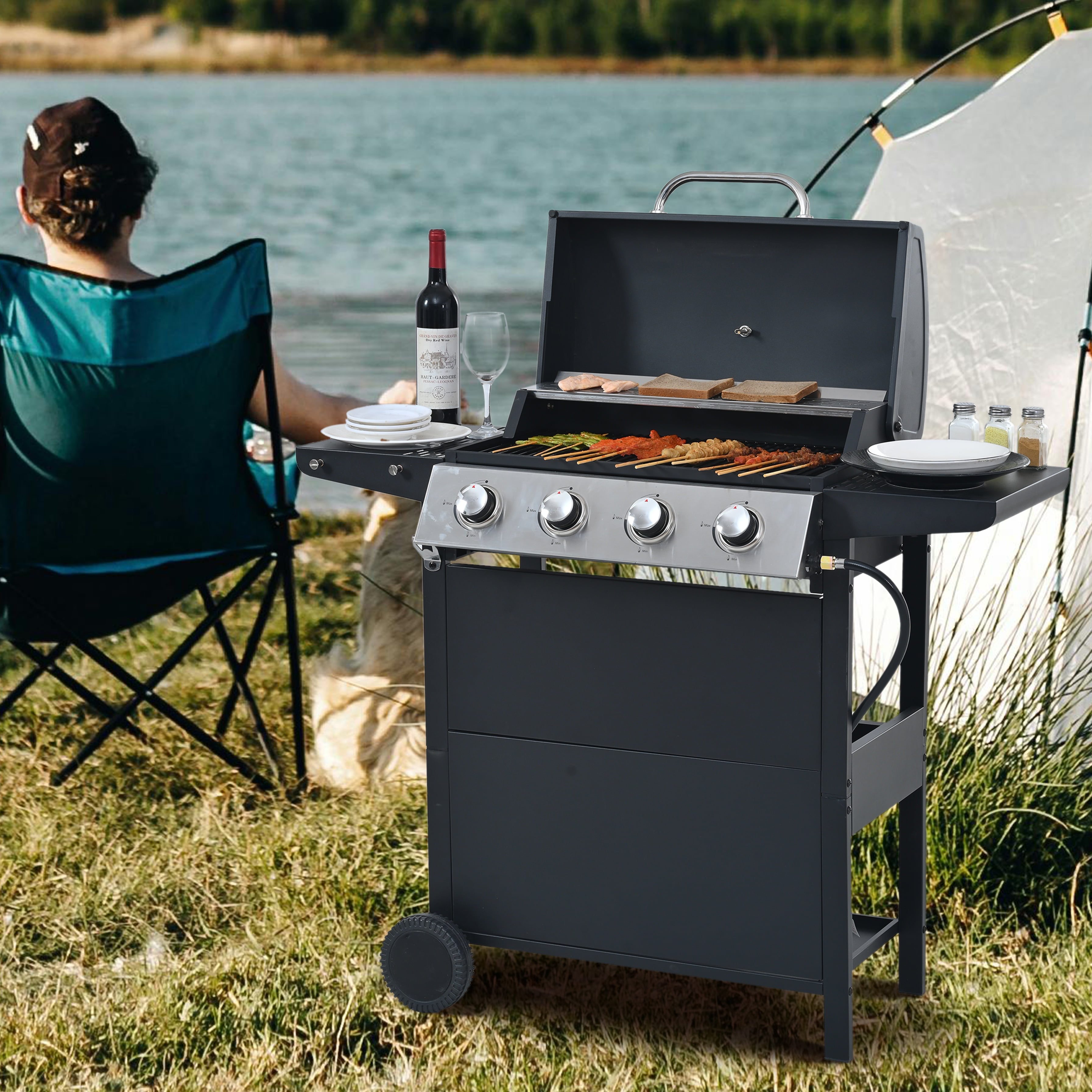 SinCiDo 4-Burner Propane Gas Grill, 34,000 BTU Stainless Steel Barbecue Grill with Porcelain, Enamel Grates, Side Shelves & Thermometer | for Backyard Parties, Patio BBQs, Garden Gatherings