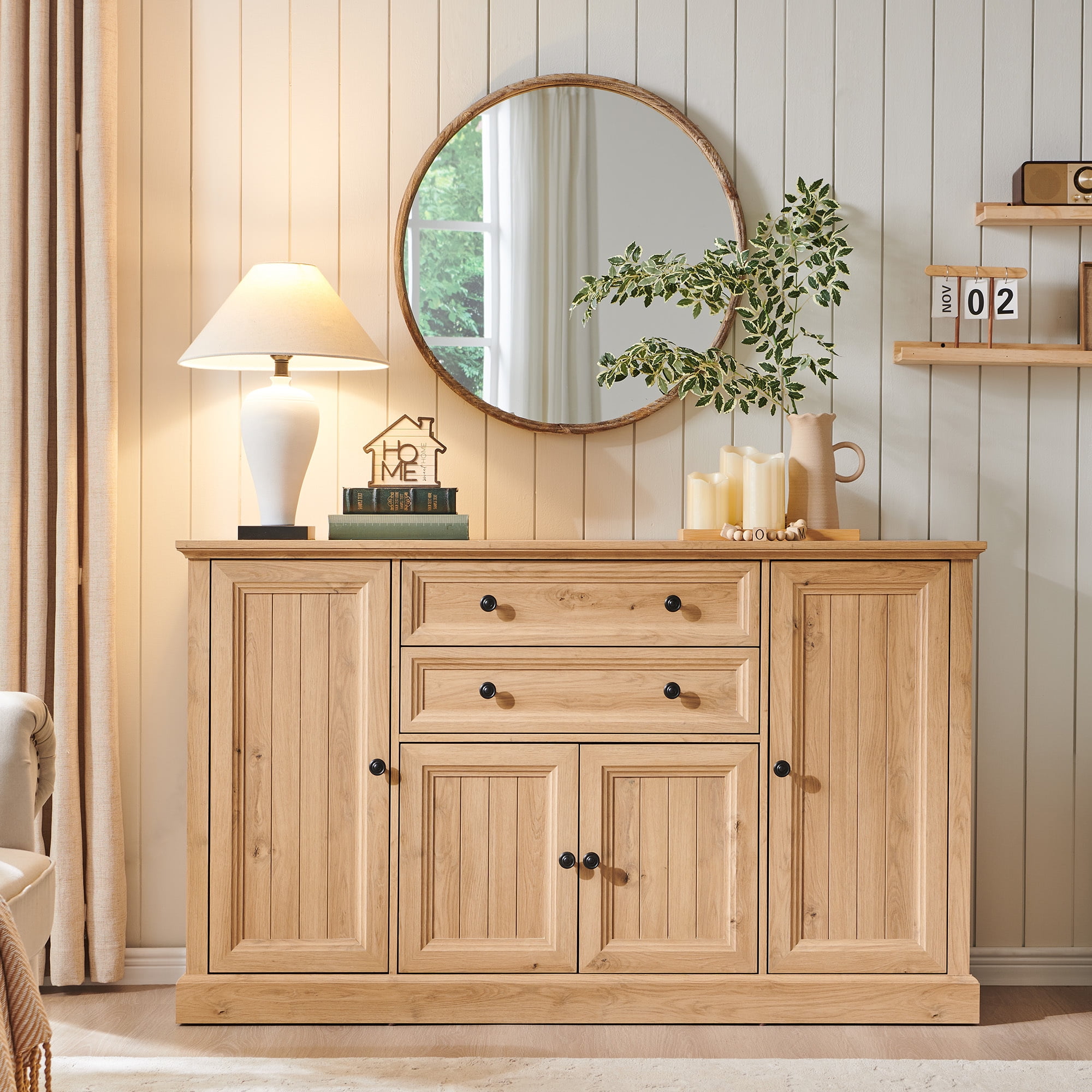 Walmart discount codes: Walmart Black Friday Deals 2025 SinCiDo 58" Farmhouse Buffets Cabinet, Wood Sideboards Cabinet with 2 Large Storage Drawers and 4 Grooved Doors, Natural