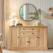 SinCiDo 58" Farmhouse Buffets Cabinet, Wood Sideboards Cabinet with 2 Large Storage Drawers and 4 Grooved Doors, Natural