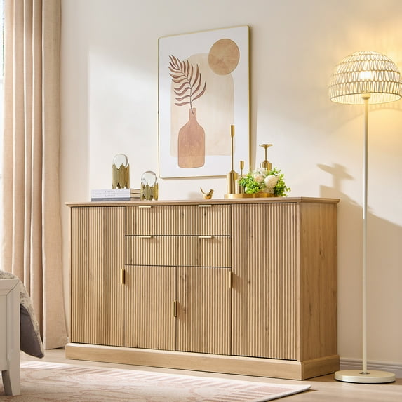 SinCiDo 58" Fluted Chest of Drawer, Wood Dresser with 2 Drawer and 4 Doors, Modern Storage Cabinet for Living Room, Bedroom