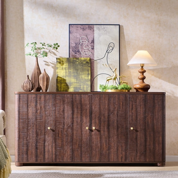 SinCiDo 66"W Curved Kitchen Sideboard Cabinet, Modern Buffet Storage Cabinet with 4 Doors and Adjustable Shleves for Kitchen, Dining Room