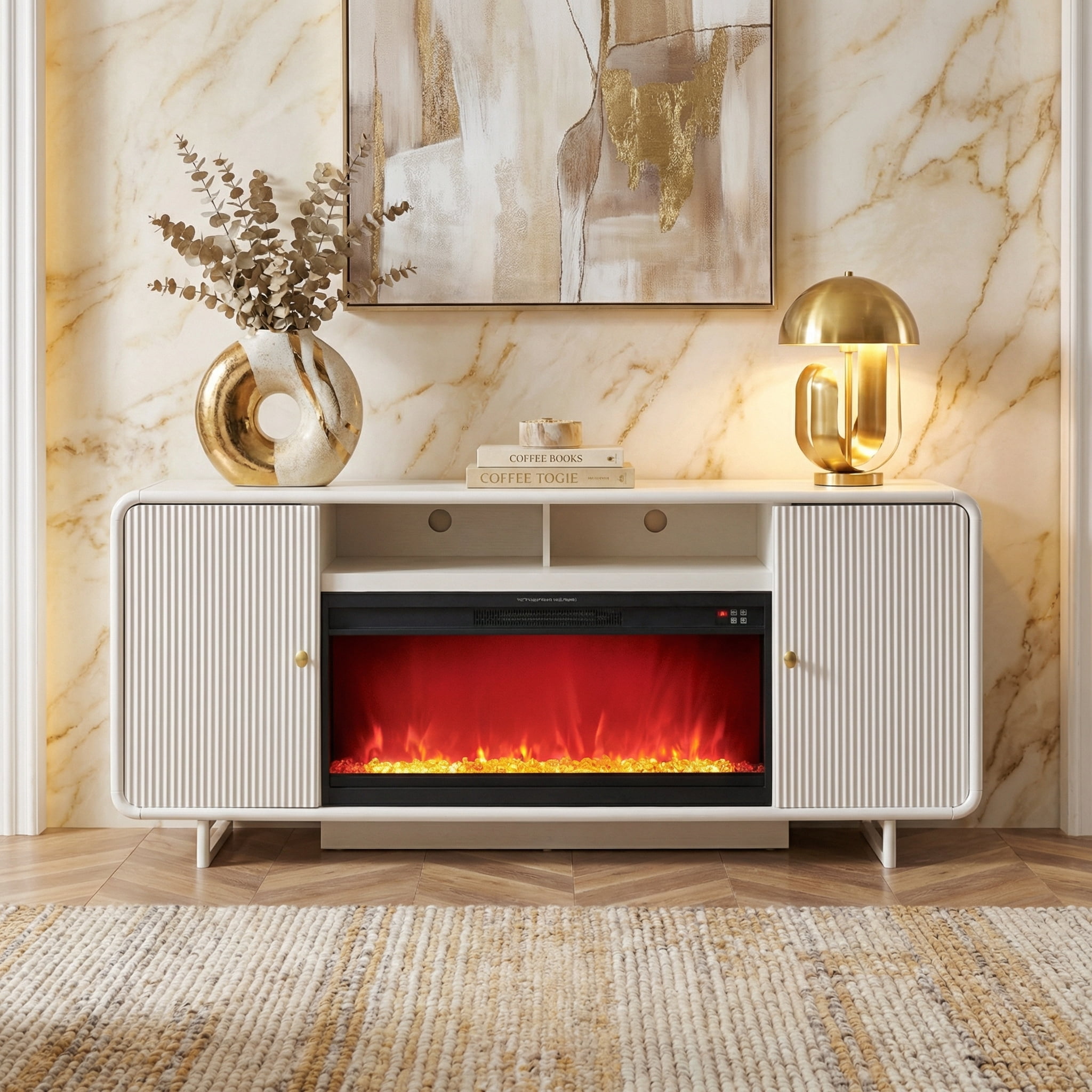 SinCiDo 70" Electric Fireplace TV Stand, Modern TV Stand up to 80" with Fireplace, Wood Media Console w/Curved Profile Design for Living Room