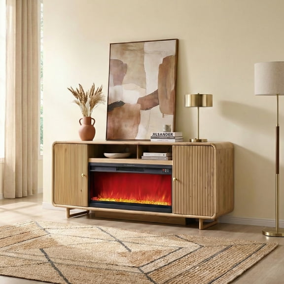 SinCiDo 70" Electric Fireplace TV Stand, Modern TV Stand up to 80" with Fireplace, Wood Media Console w/Curved Profile Design for Living Room