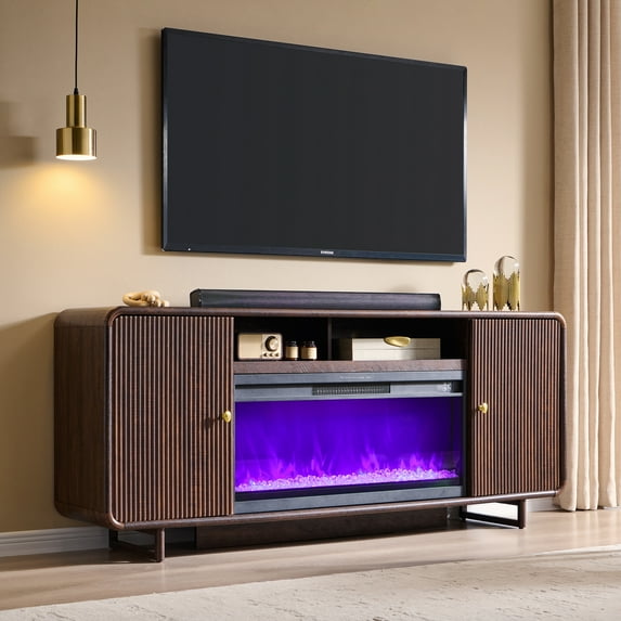 SinCiDo 70" Fluted Fireplace TV Stand for 80 Inch TV, Modern Entertainment Center w/36'' Electric Fireplace, Curved Profile Design for Living Room, Brown