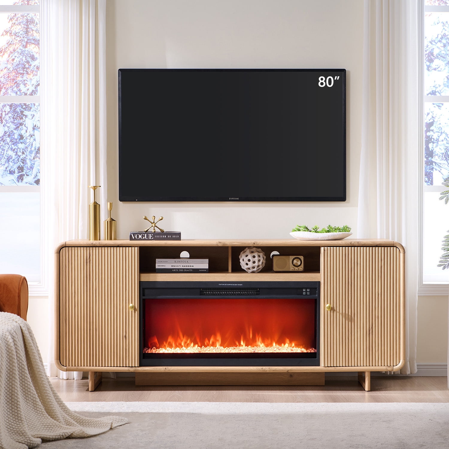 SinCiDo 70" Modern Fluted Fireplace TV Stand for 80 Inch TV, Entertainment Center w/36'' Electric Fireplace, Wood Media TV Console for Living Room