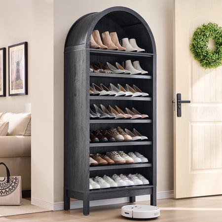 SinCiDo 71" Arched Shoe Storage Cabinet, Wooden Shoe Organizer Rack for 28 Pairs, 7 Tier, 3 Adjustable Shelves
