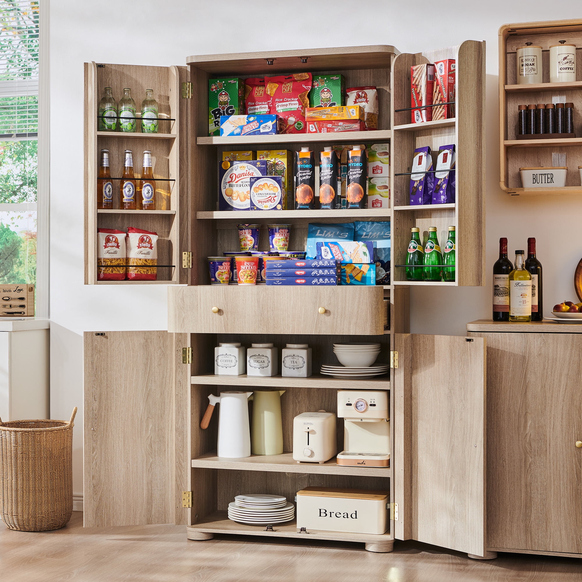 SinCiDo 71" Tall Kitchen Pantry Storage Cabinet, Wooden Curved Cabinet with 4 Doors and 6 Adjustable Shelves, Large Drawer for Kitchen, Dining Room