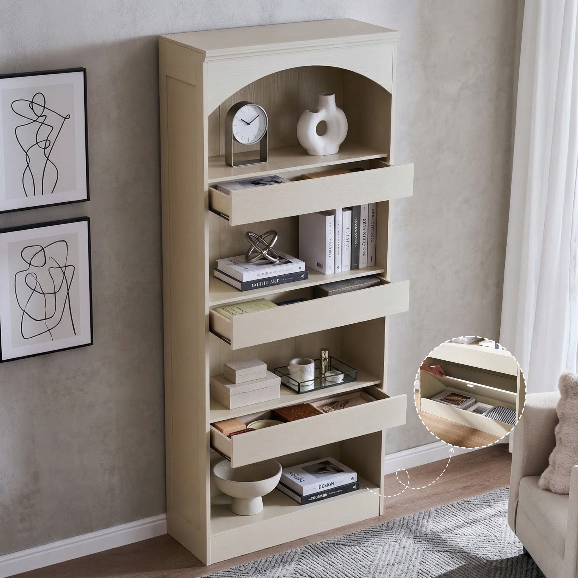 SinCiDo 76" Tall Arched Bookcase w/Hidden Magnetic Lock Drawer at the Bottom, 4-Tier Large Open Bookshelf w/3 Pull-Out Drawers for Living Room, Office