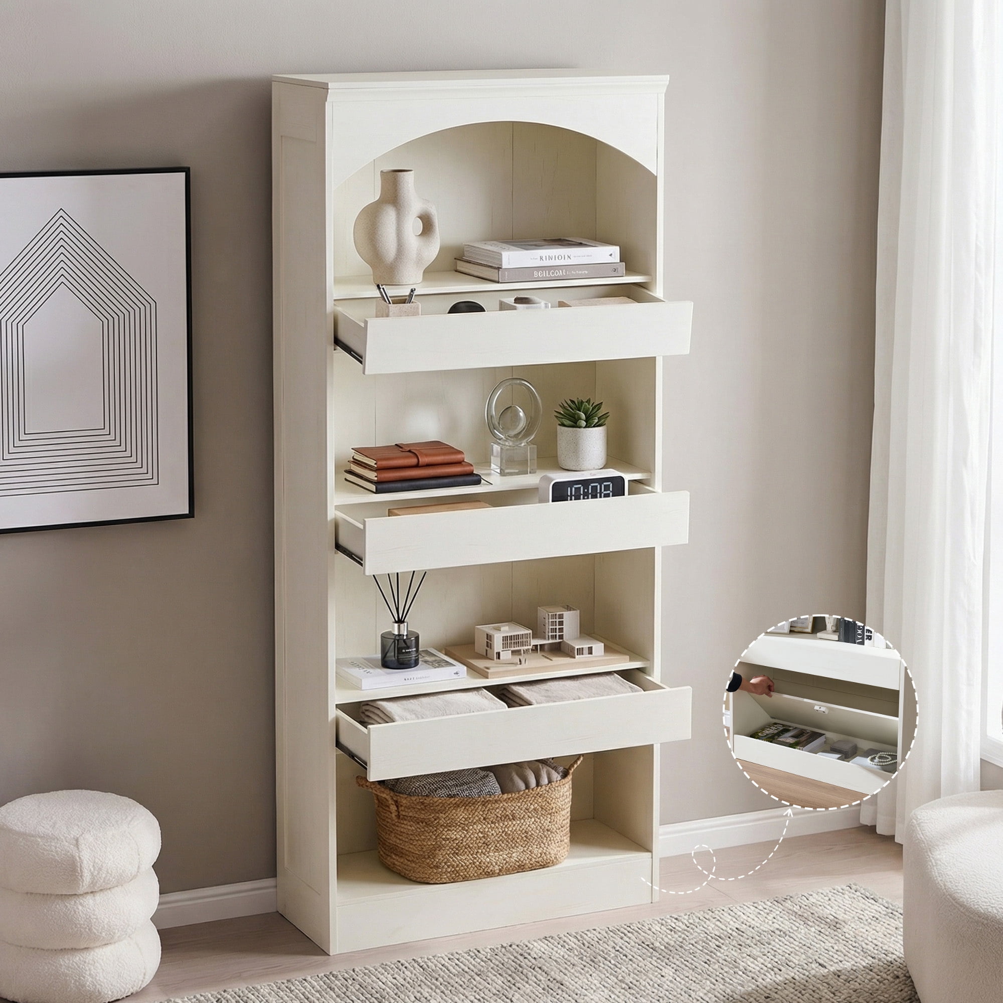 SinCiDo 76" Tall Arched Bookcase, 4-Tier Large Bookshelf w/1PC Magnetic Lock Drawer, Wooden Book Shelf w/3 Pull-Out Drawers, for Living Room, Office