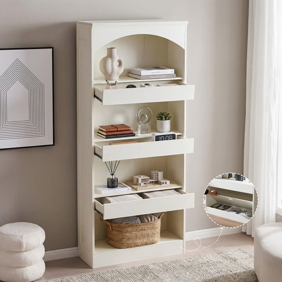 SinCiDo 76" Tall Arched Bookcase, 4-Tier Large Bookshelf w/1PC Magnetic Lock Drawer, Wooden Book Shelf w/3 Pull-Out Drawers, for Living Room, Office