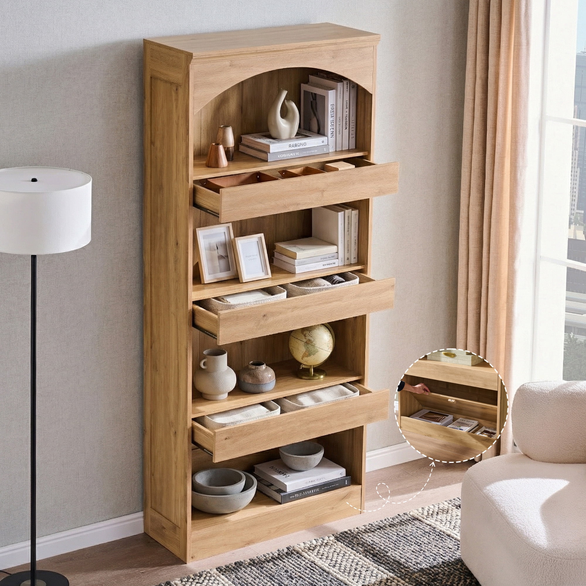 SinCiDo 76" Tall Arched Bookcase w/Hidden Magnetic Lock Drawer at the Bottom, 4-Tier Large Open Bookshelf w/3 Pull-Out Drawers for Living Room, Office