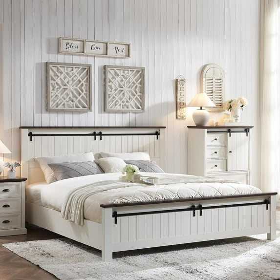 SinCiDo Adult Queen Farmhouse Wood Standard Beds, White