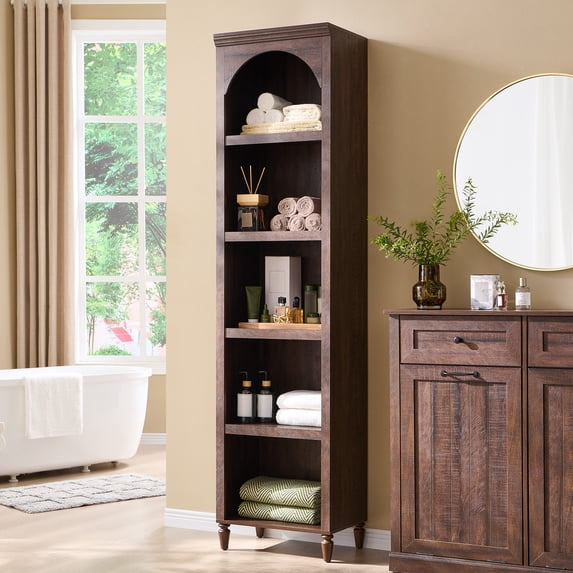 SinCiDo Arched Bathroom Storage Cabinet with Adjustable Shelves, 5-Tier Narrow Bathroom Cabinet for Bathroom, Kitchen, Living Room, Brown
