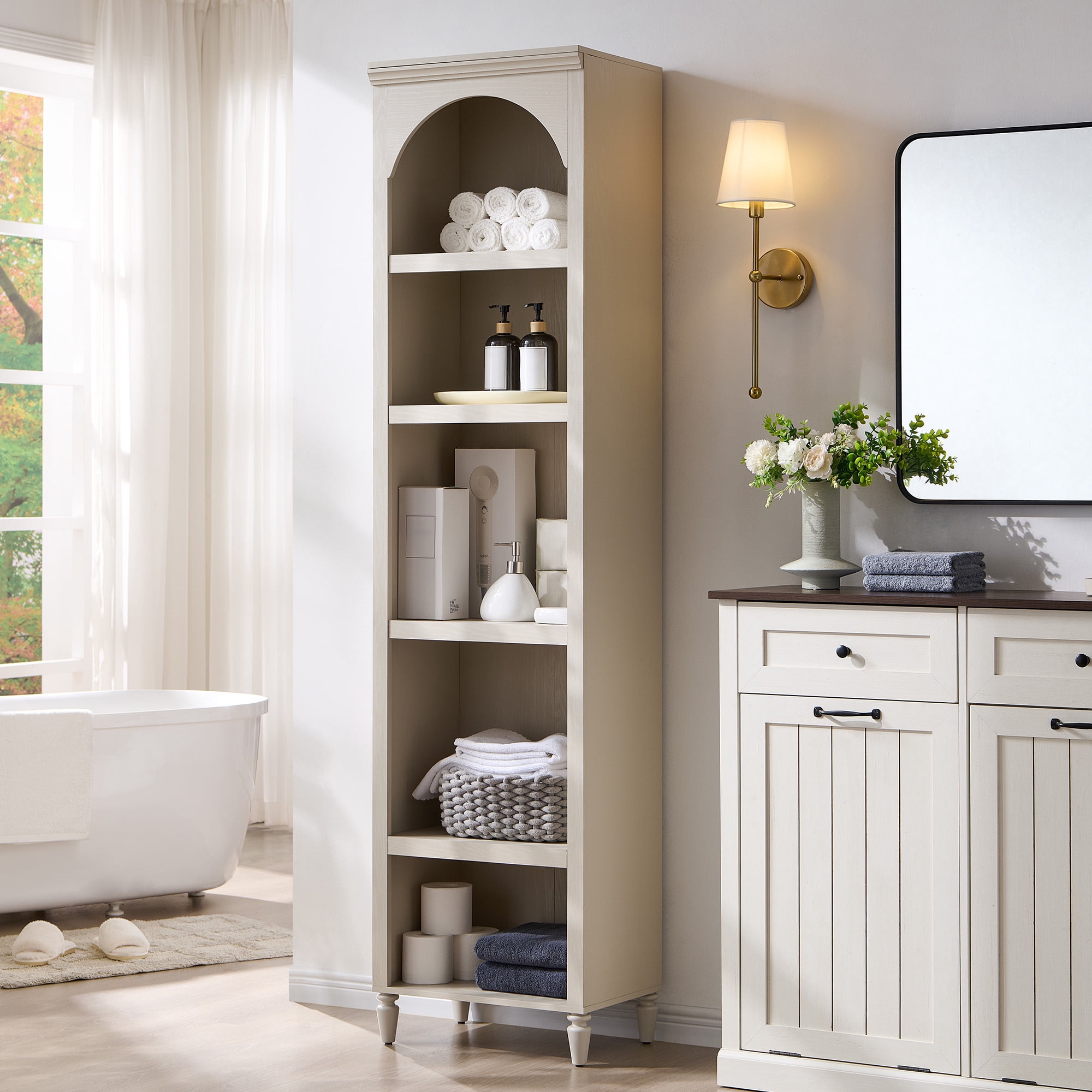 SinCiDo Arched Bathroom Storage Cabinet with Adjustable Shelves, 5-Tier Narrow Bathroom Cabinet for Bathroom, Kitchen, Living Room, Cream