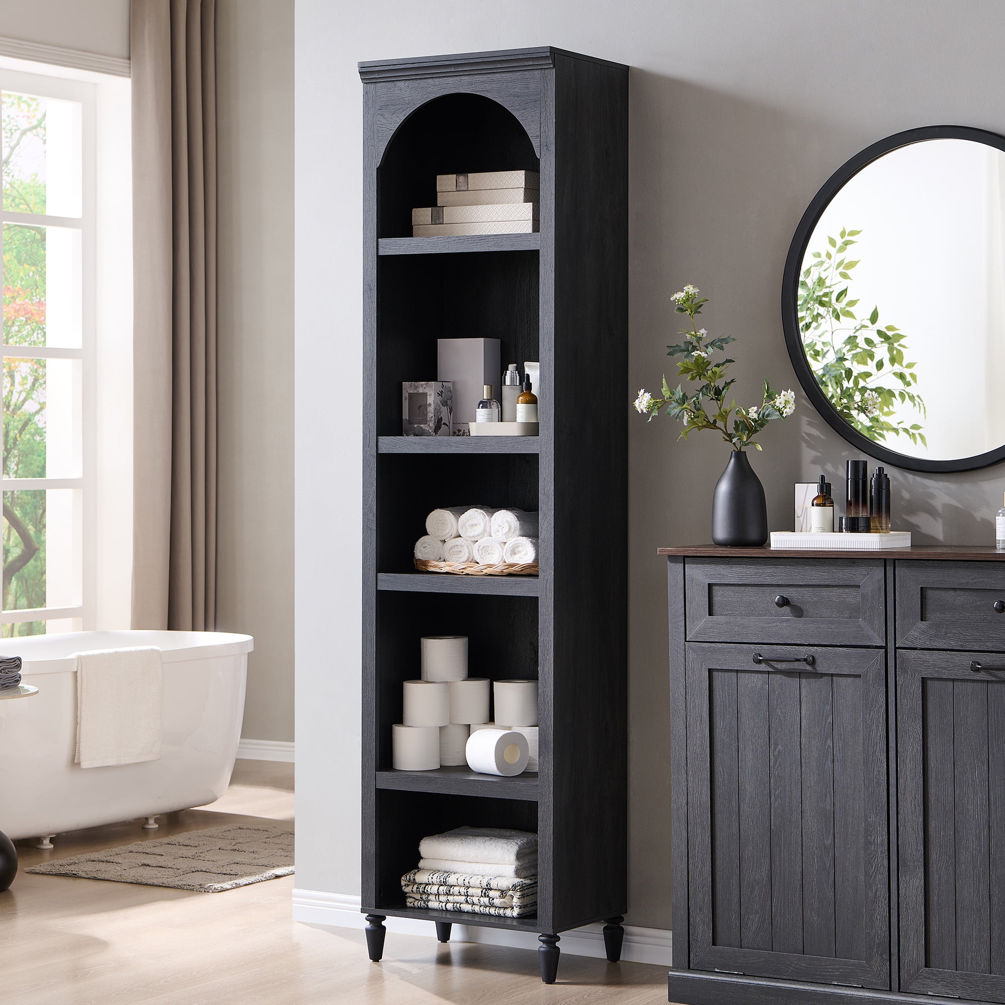SinCiDo Arched Bathroom Storage Cabinet with Adjustable Shelves, 5-Tier Narrow Bathroom Cabinet for Bathroom, Kitchen, Living Room, Grey