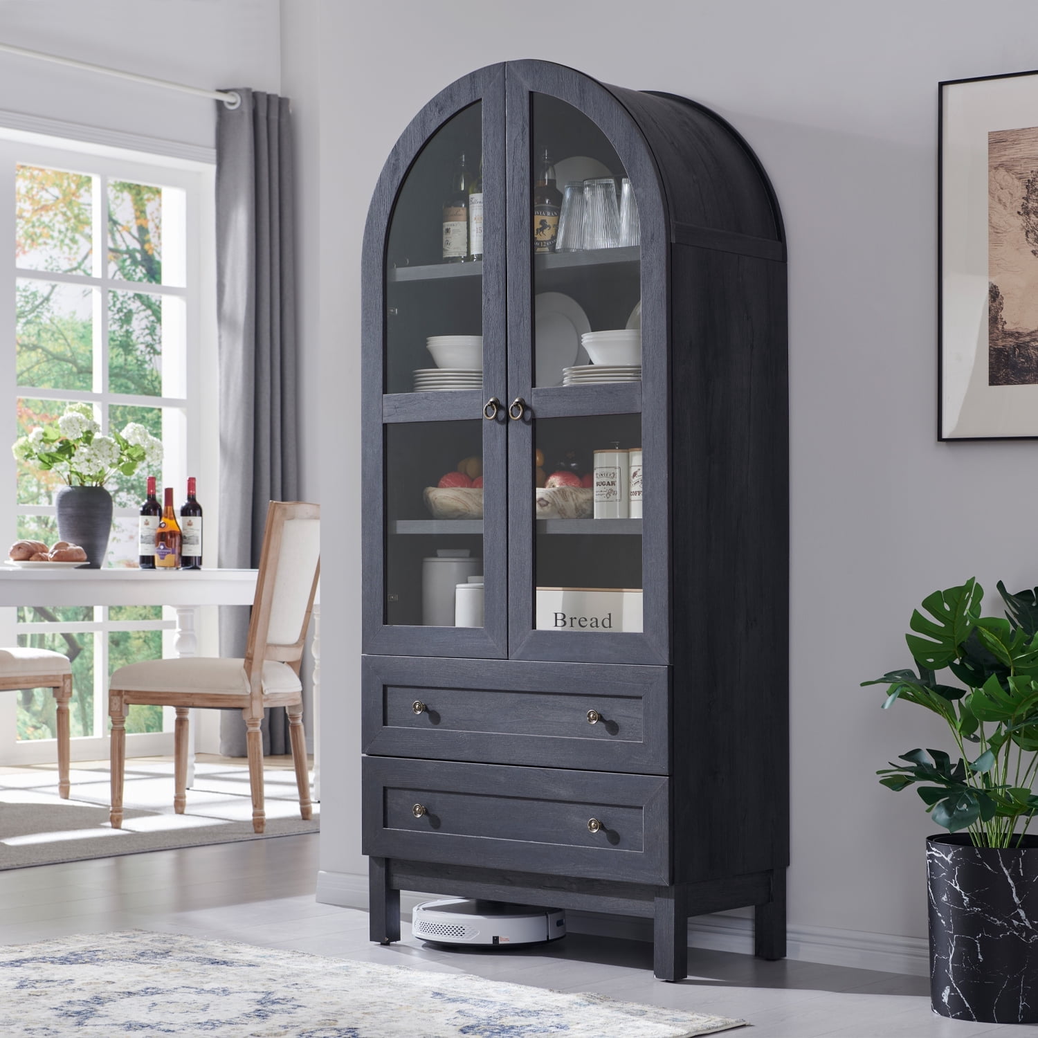 SinCiDo Arched Kitchen Pantry Storage Cabinet, 71" Tall Wood Pantry Shelves with 2 Doors & 2 Large Drawers for Dining Room Living Room