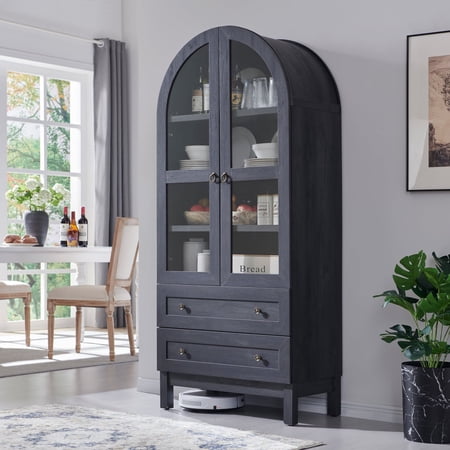 SinCiDo Arched Kitchen Pantry Storage Cabinet, 71" Tall Wood Pantry Shelves with 2 Doors & 2 Large Drawers for Dining Room Living Room