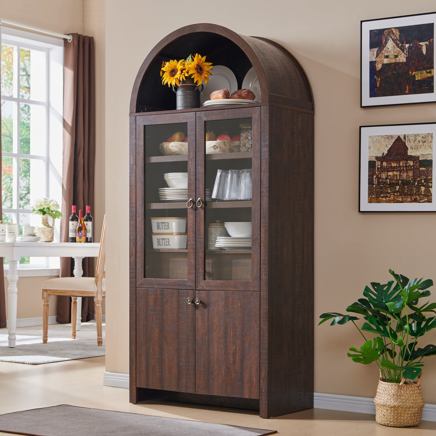 SinCiDo Arched Kitchen Pantry Storage Cabinet 71 Tall Wood Pantry Shelves with 2 Doors 2 Large Drawers for Dining Room Living Room