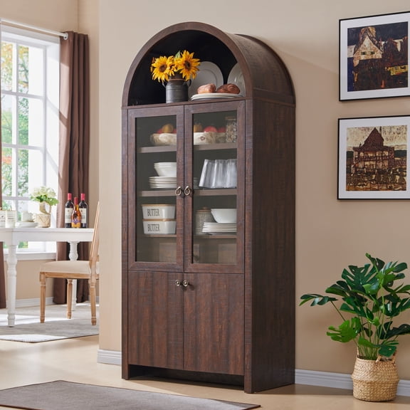 SinCiDo Arched Kitchen Pantry Storage Cabinet, 71" Tall Wood Storage Cabinet with 4 Doors and 6 Shelves for Dining Room Living Room