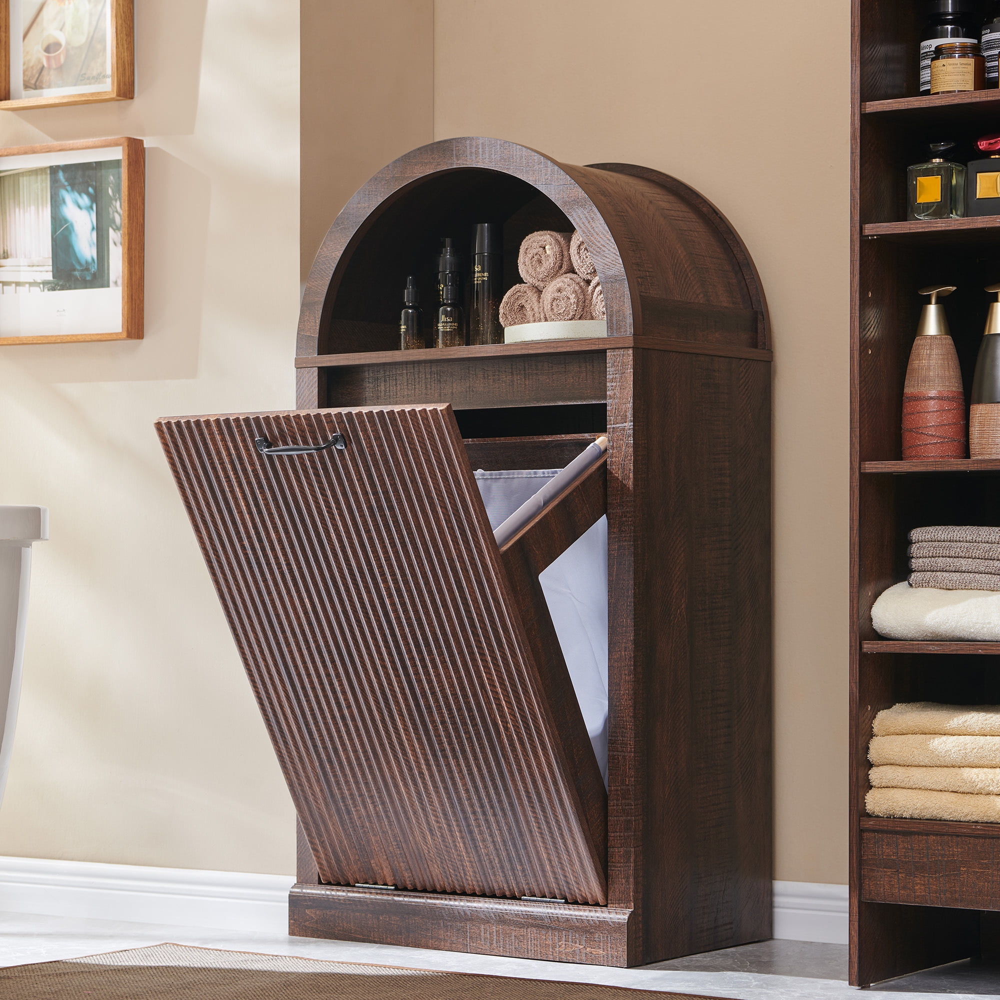 SinCiDo Arched Laundry Hamper Cabinet, 10 Gallon Fluted Hidden Garbage Can Cabinets with Laundry Basket, Free Standing for Bathroom & Kitchen, Brown