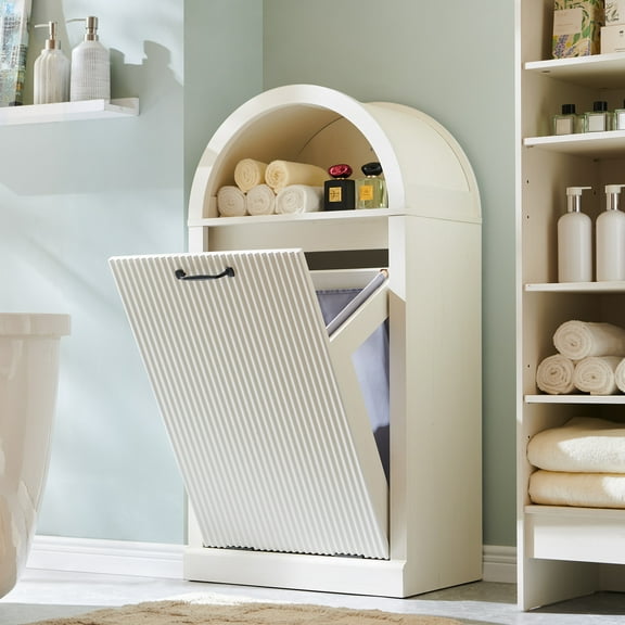 SinCiDo Arched Laundry Hamper Cabinet, 10 Gallon Fluted Hidden Garbage Can Cabinets with Laundry Basket, Free Standing for Bathroom & Kitchen, White