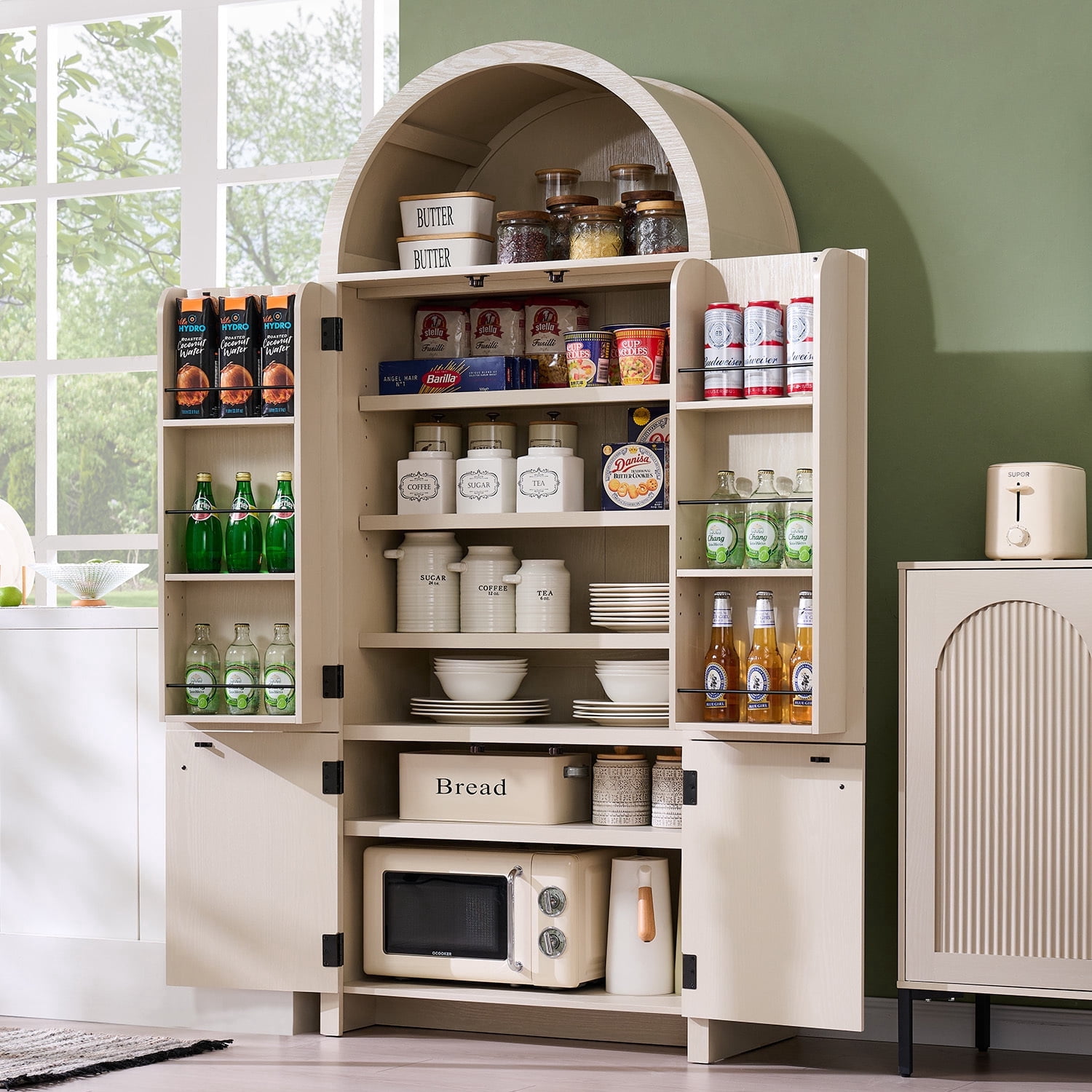 SinCiDo Arched Pantry Storage Cabinet with 4 Fluted Wood Doors, 71" Modern Kitchen Organizer with 6 Doors Shelves & Adjustable Shelves, Versatile Cupboard for Kitchen Dining Room