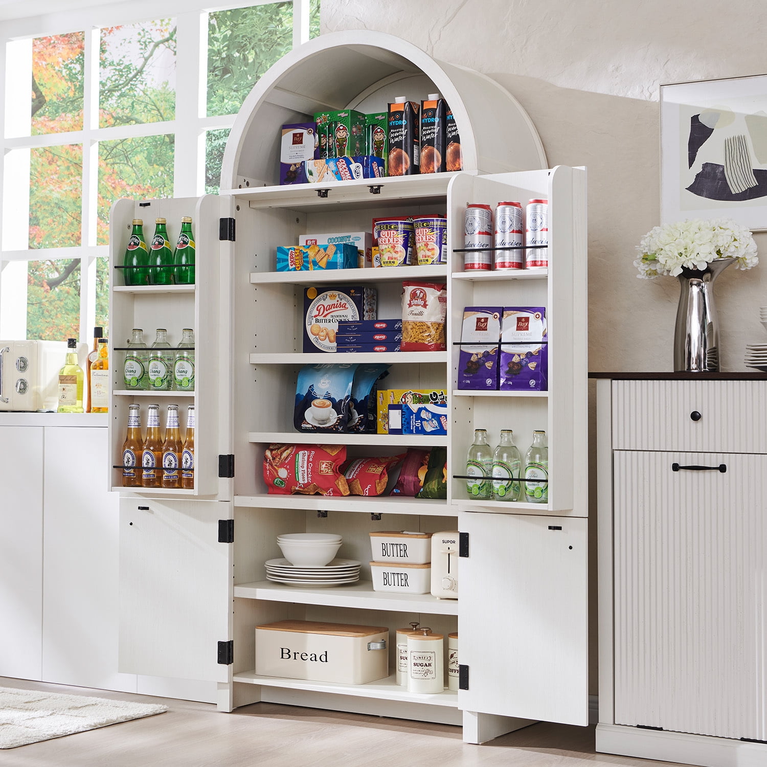 Walmart savings: SinCiDo Arched Pantry Storage Cabinet with 4 Fluted Wood Doors, 71" Modern Kitchen Organizer with 6 Doors Shelves & Adjustable Shelves, Versatile Cupboard for Kitchen Dining Room