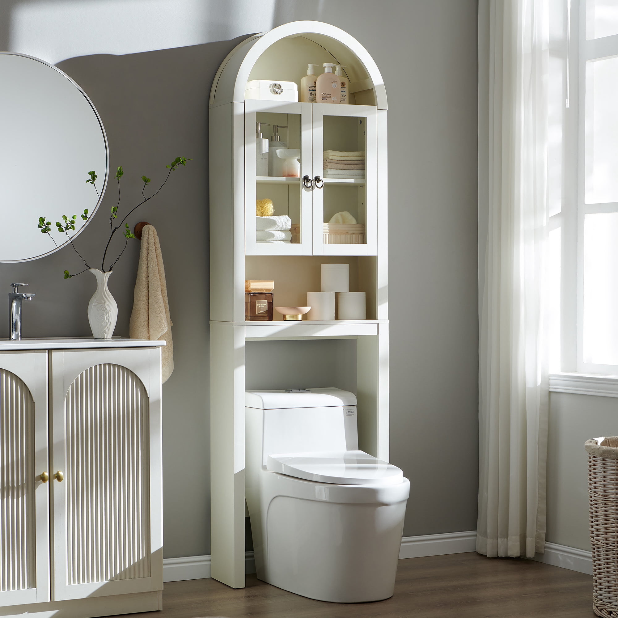 SinCiDo Arched Over The Toilet Storage Cabinet, Modern Bathroom Shelf Over Toilet with Acrylic Doors, Wooden Bathroom Space Saver Organizer above Toilet with Adjustable Shelf