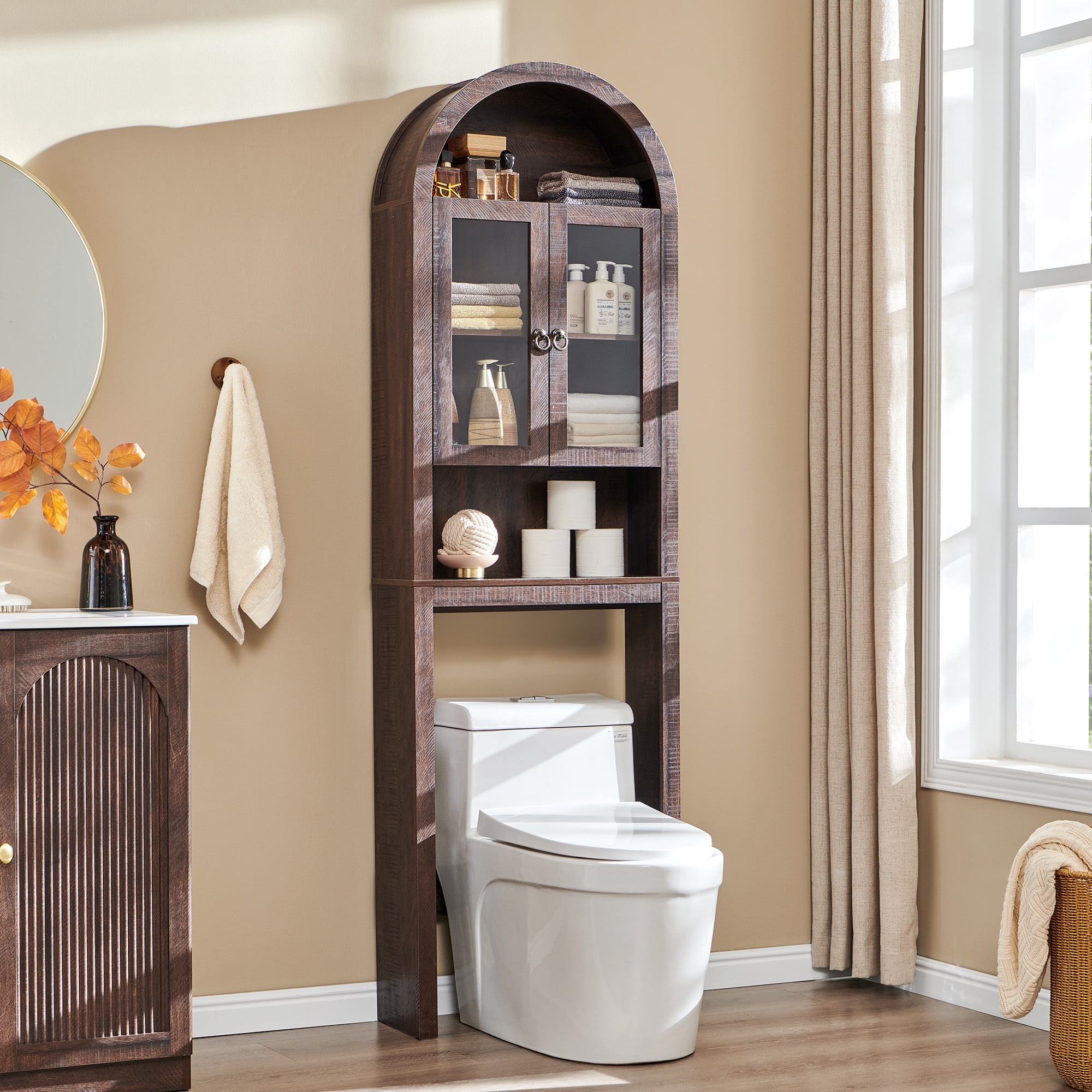SinCiDo Arched Over The Toilet Storage Cabinet, Modern Bathroom Shelf Over Toilet with Acrylic Doors, Wooden Bathroom Space Saver Organizer above Toilet with Adjustable Shelf