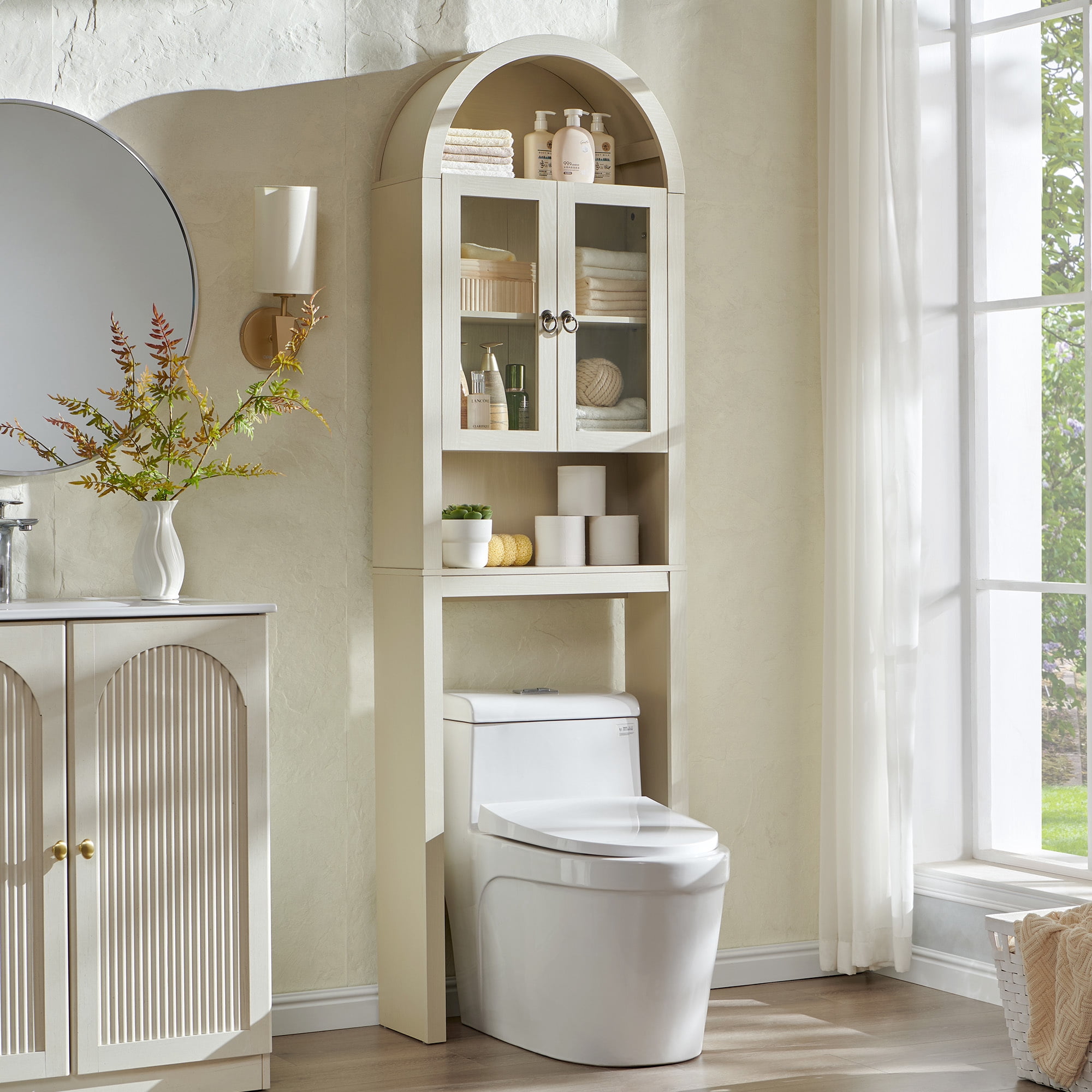 SinCiDo Arched Over The Toilet Storage Cabinet, Modern Bathroom Shelf Over Toilet with Acrylic Doors, Wooden Bathroom Space Saver Organizer above Toilet with Adjustable Shelf
