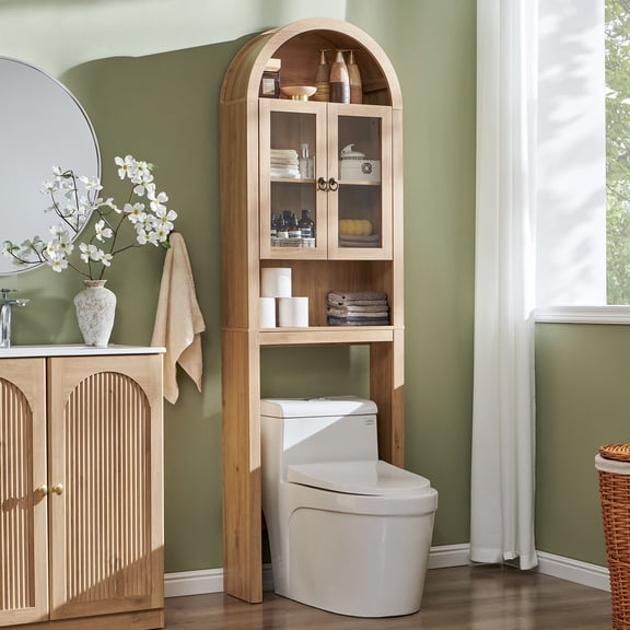 SinCiDo Arched Over The Toilet Storage Cabinet, Modern Bathroom Shelf Over Toilet with Acrylic Doors, Wooden Bathroom Space Saver Organizer above Toilet with Adjustable Shelf