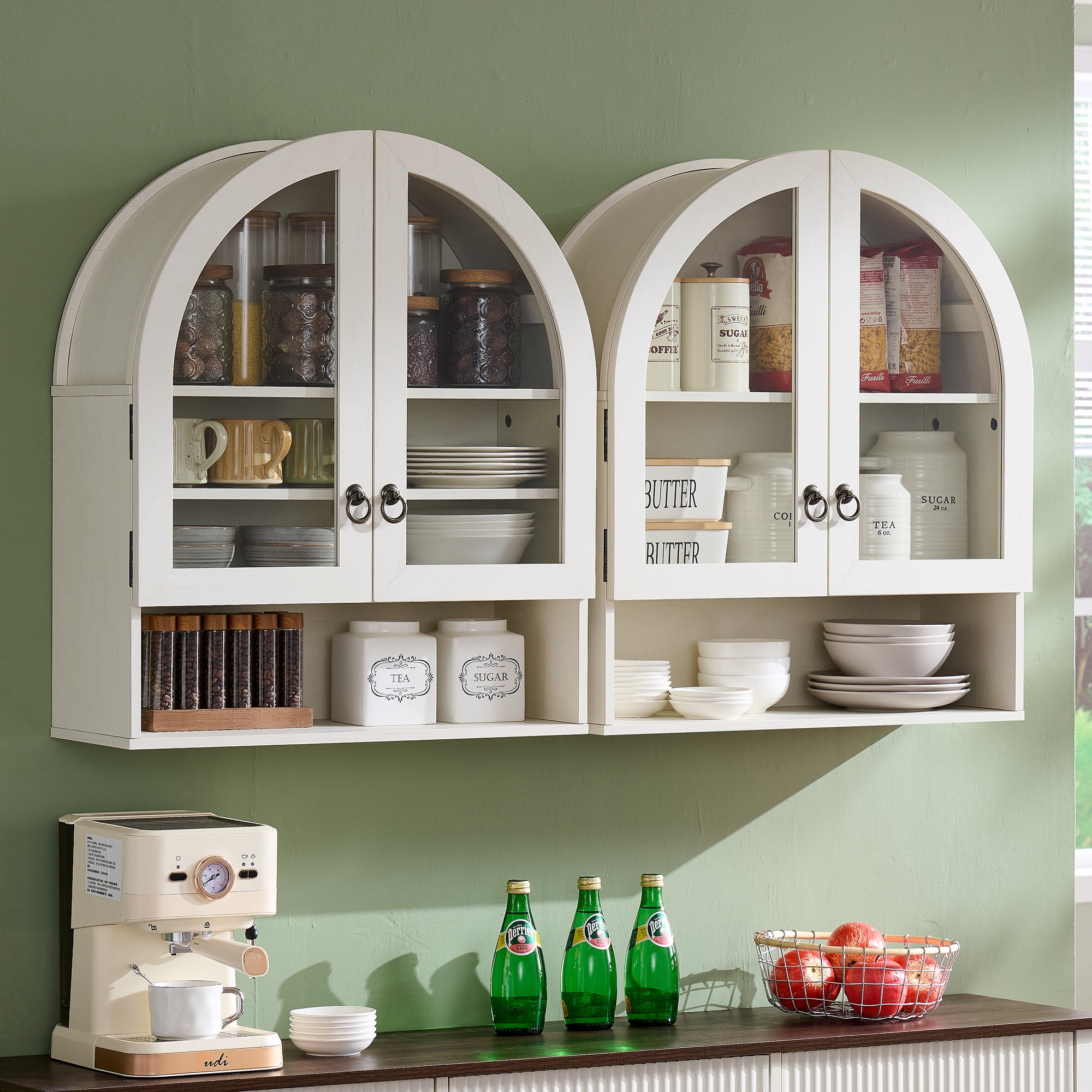 SinCiDo Arched Wall Cabinet Set of 2 with Adjustable Shelves & Glass Doors, White