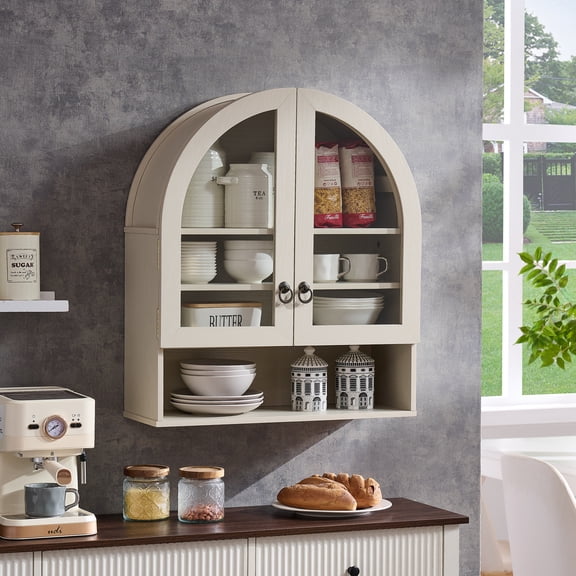 SinCiDo Arched Wall Cabinet with Adjustable Shelves & Glass Doors, Cream