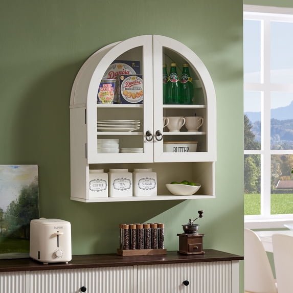 SinCiDo Arched Wall Cabinet with Adjustable Shelves & Glass Doors, White