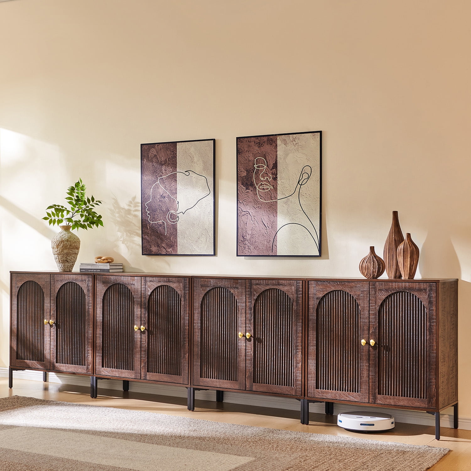 SinCiDo Buffet Cabinet with Storage, 123.5" W Wooden Arched Sideboard Cabinet with/Adjustable Shelf, Fluted Accent Cabinet for Dining Room, Kitchen