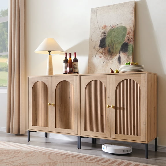 SinCiDo Buffet Cabinet with Storage, 61.75" W Wooden Arched Sideboard Cabinet with/Adjustable Shelf, Fluted Accent Cabinet for Dining Room, Kitchen