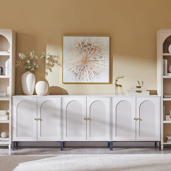 SinCiDo Buffet Cabinet with Storage, 92.63" W Wooden Arched Sideboard Cabinet with/Adjustable Shelf, Fluted Accent Cabinet for Dining Room, Kitchen