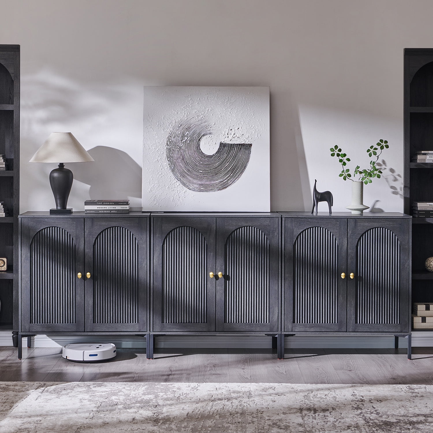SinCiDo Buffet Cabinet with Storage, 92.63" W Wooden Arched Sideboard Cabinet with/Adjustable Shelf, Fluted Accent Cabinet for Dining Room, Kitchen