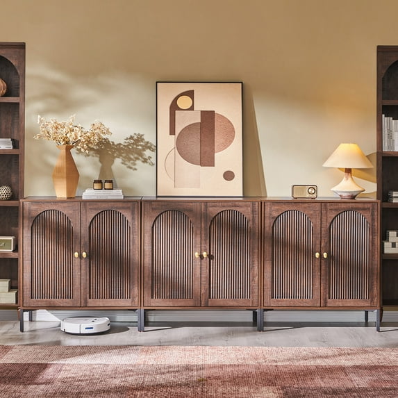 SinCiDo Buffet Cabinet with Storage, 92.63" W Wooden Arched Sideboard Cabinet with/Adjustable Shelf, Fluted Accent Cabinet for Dining Room, Kitchen