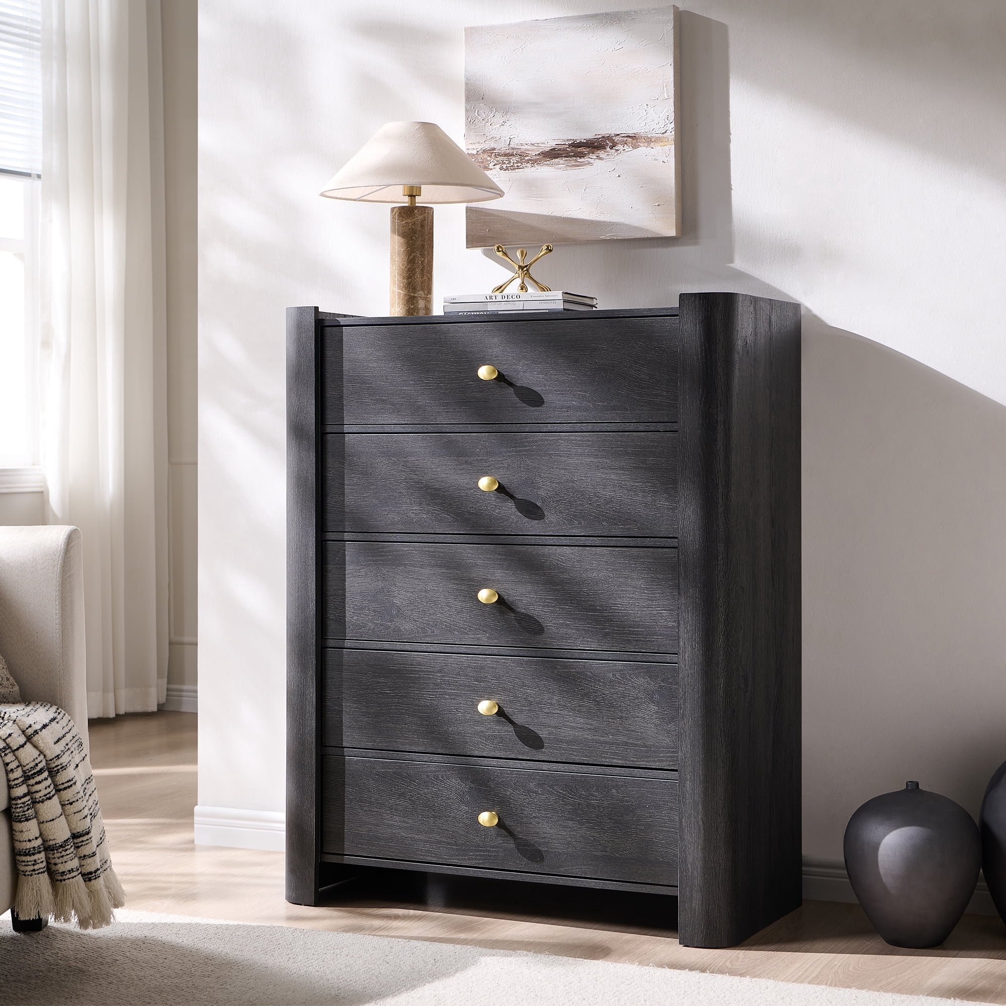 SinCiDo Modern 5 Drawer Dresser for Bedroom, 39.6" Tall Wooden Chest of Drawers with Curved Profile Design for Bedroom, Living Room, Grey