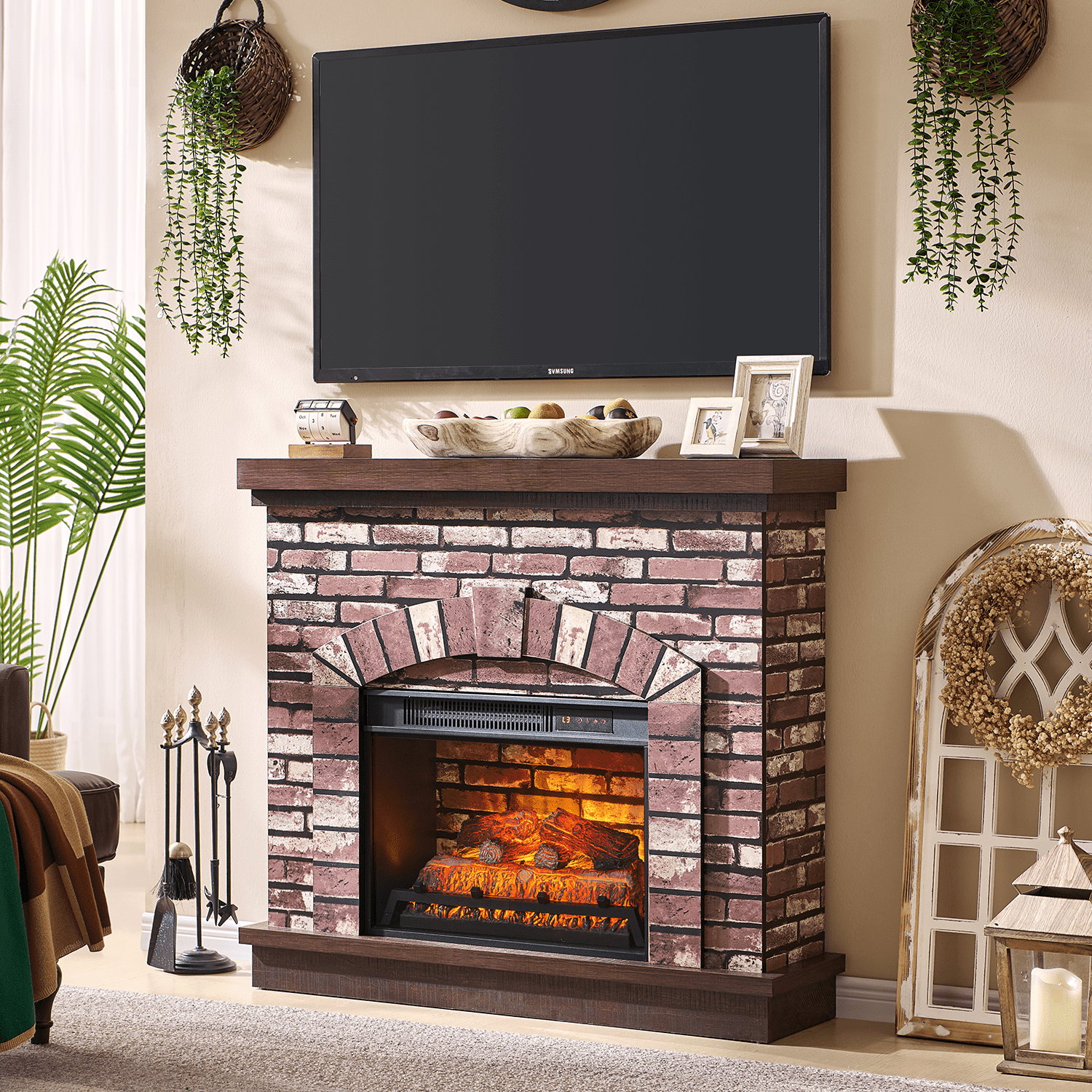 SinCiDo Electric Fireplace with Mantel for 42" TV Stand, Remote Control, Adjustable Flame, 1400W