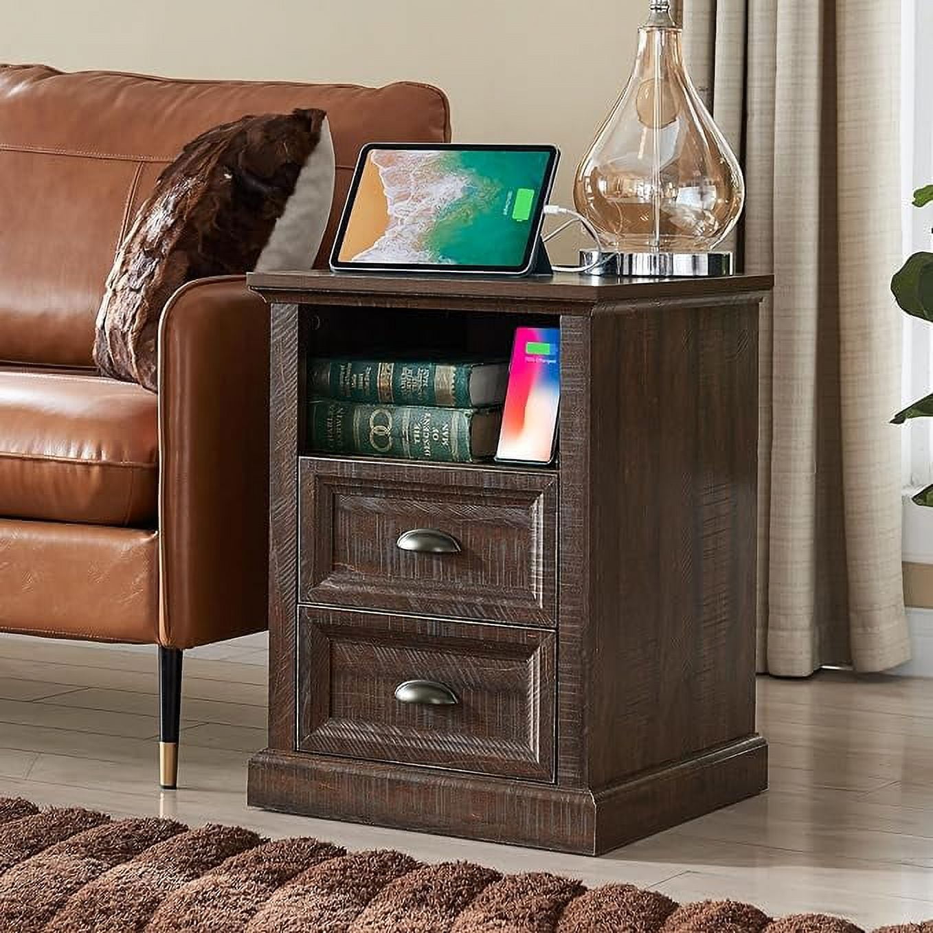 SinCiD Nightstand with Charging Station, 2 Drawer Dresser for Bedroom ...