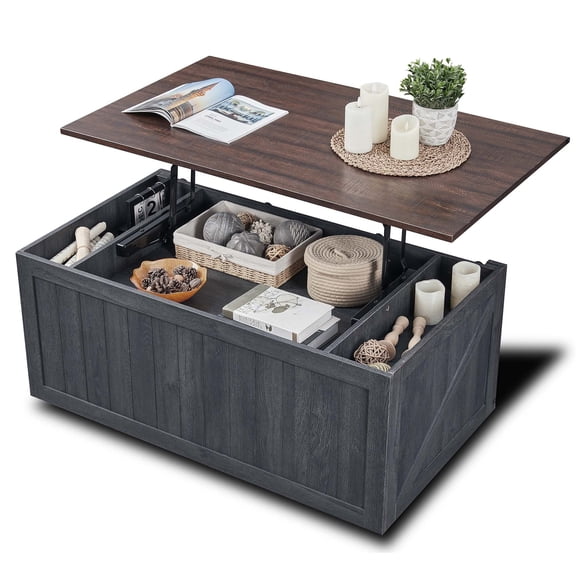 SinCiDo Farmhouse Coffee Table with Storage for Living Room, Lift Top Coffee Table w/Sliding Groove Barn Door