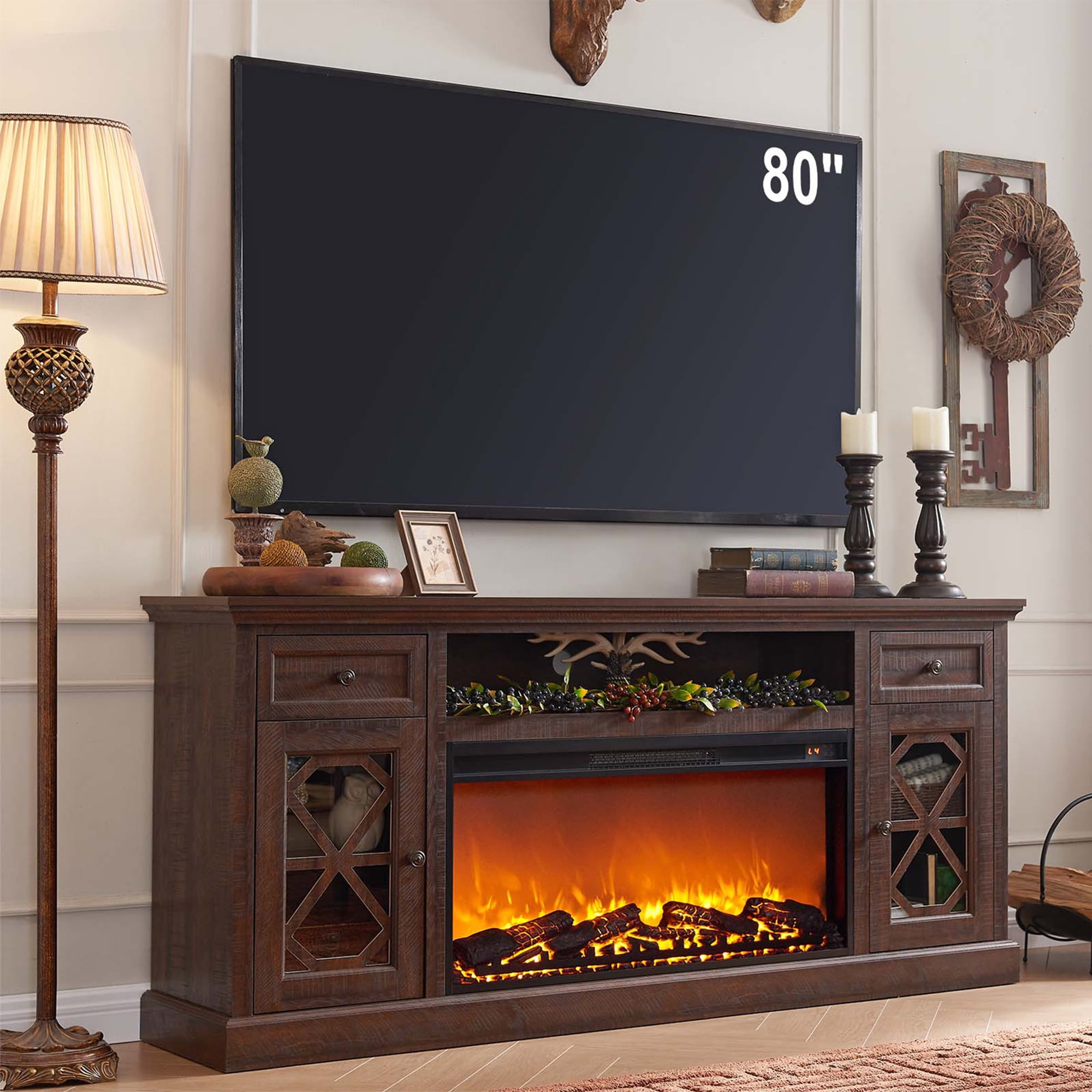 Sincido Farmhouse Fireplace TV Stand with 36 inch Electric Fireplace for 80 inch TVs 31 inch Tall Entertainment Center w Drawer Diamond Panel Door