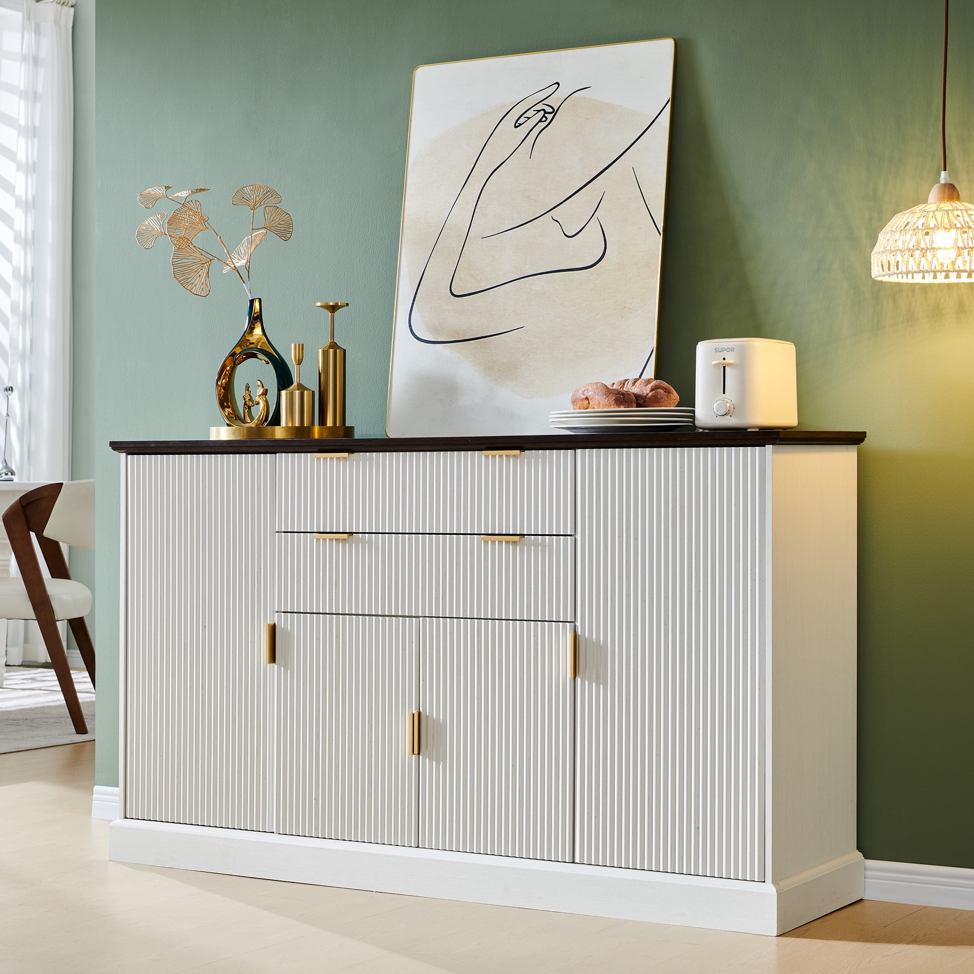 SinCiDo Farmhouse Fluted Buffet Cabinet with Storage, Kitchen Sideboard Cabinet with Adjustable Shelves for Dining Room