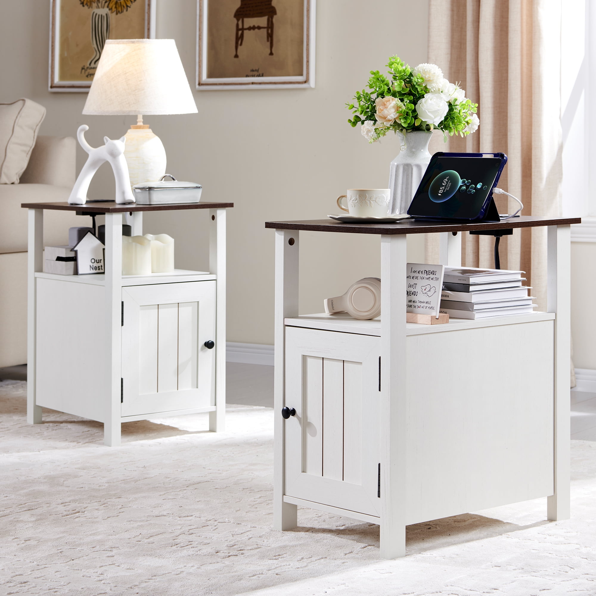 SinCiDo Farmhouse Nightstand Set of 2 with Charging Station, Barn Door & Open Shelves, White Wood