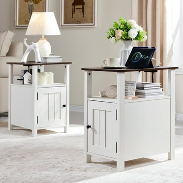 SinCiDo Farmhouse Nightstand Set of 2 with Charging Station, Barn Door & Open Shelves, White Wood