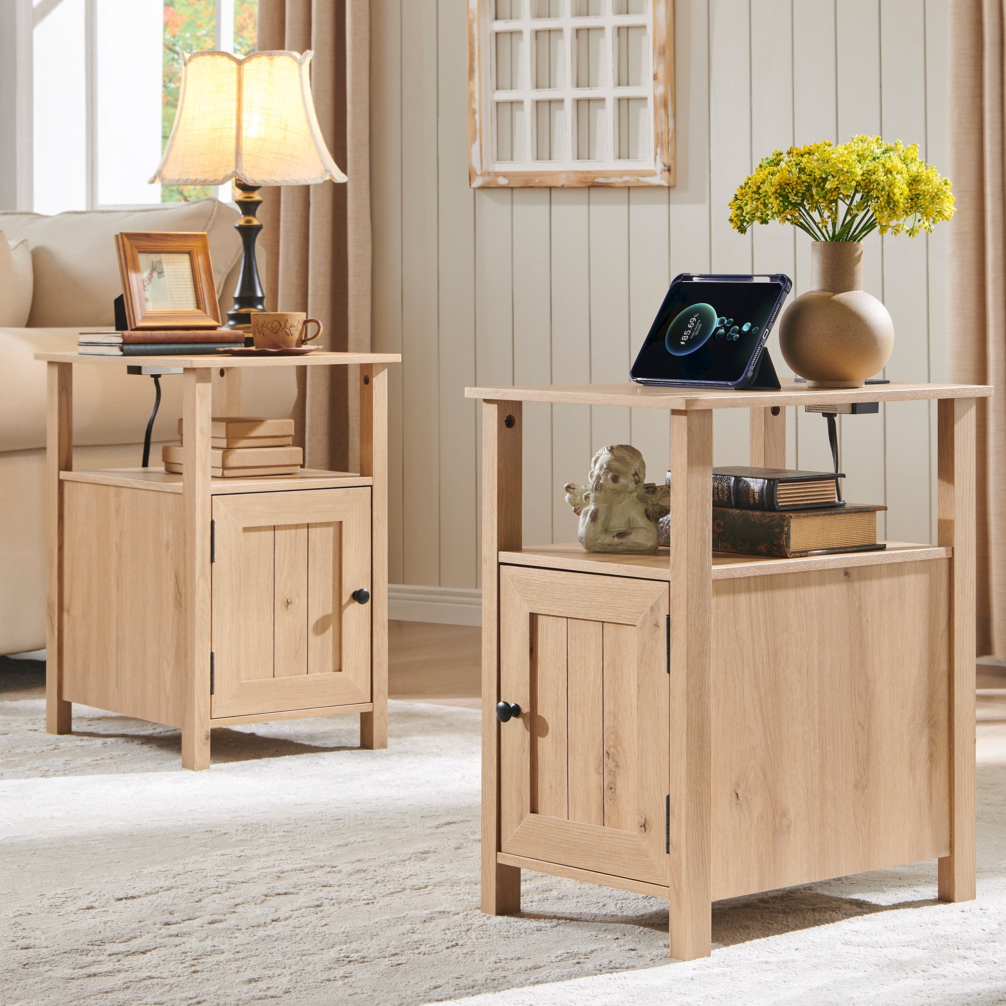 SinCiDo Farmhouse Nightstand Set of 2 with Charging Station, Barn Door & Open Shelves