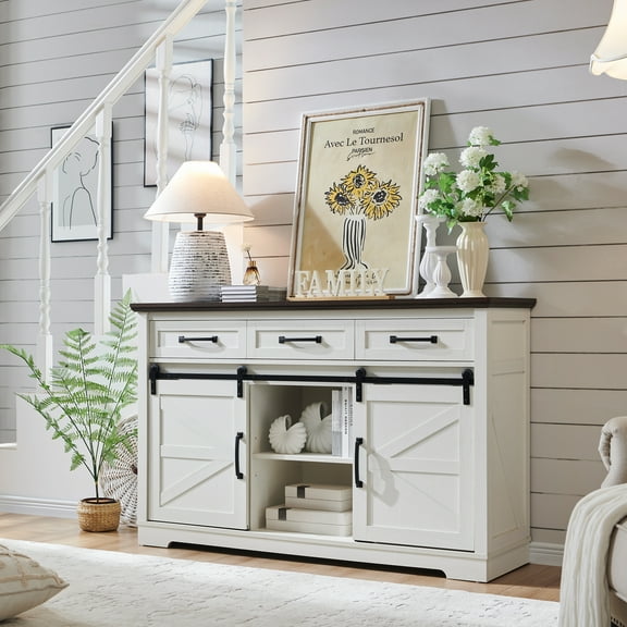 SinCiDo Farmhouse Sideboards & Buffets for Kitchen, 3 Drawers & Sliding Barn Door, Rustic Large Storage Cabinet w/Adjustable Baffle